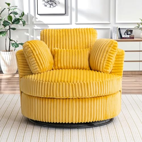 Chair and A Half with Ottoman, 360° Swivel Accent Barrel Chair Modern Comfy Round Reading Sofa Swivel Chairs Circle Lounge Chair for Bedroom Living Room w/4 Pillow Lower Seating Heigh (White, Large)