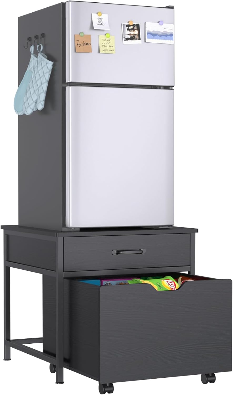 GDLF Mini Fridge Stand with Storage, Heavy Duty Mini Fridge Table with Rolling Cabinet 220LBS Capacity Tabletop for Dorm, Apartment,Office, Bedroom