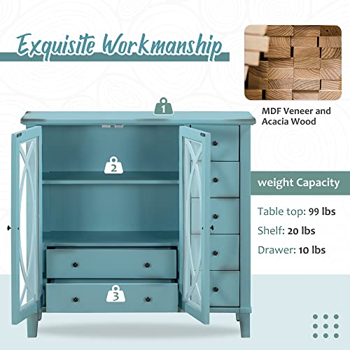 Vintage Style Sideboard Accent Storage Sideboard Wooden Sideboard with Adjustable Shelf,5 Small Drawers and 2 Large Drawers,for Entryway,Living Room,Bedroom (Antique Light Green#N)