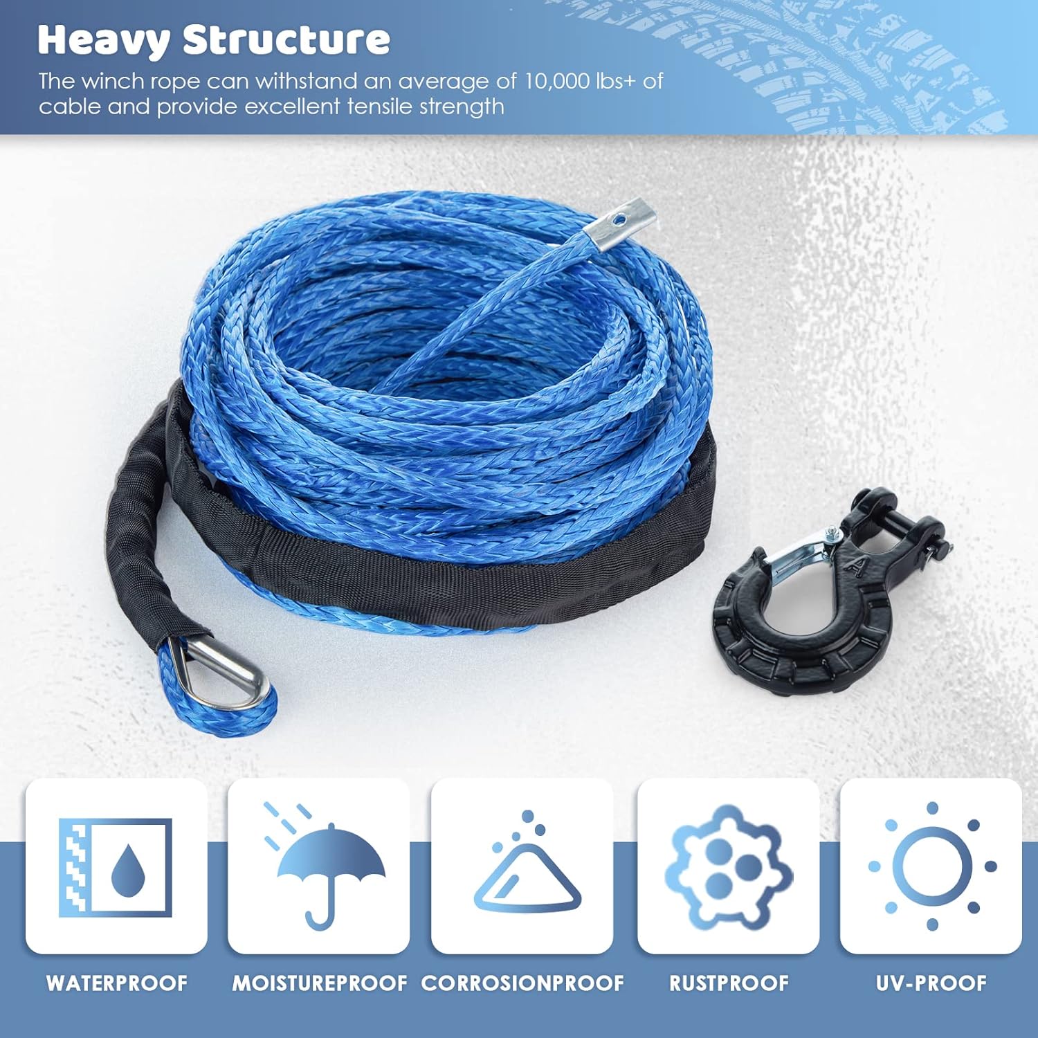 Synthetic Winch Rope 17/64'' x 50', 10000LBS 12 Strands Synthetic Winch Line Cable Rope with Protective Sleeve Winch Hook for Off Road Vehicle ATV UTV SUV Truck Boat Ramsey Pack of 2