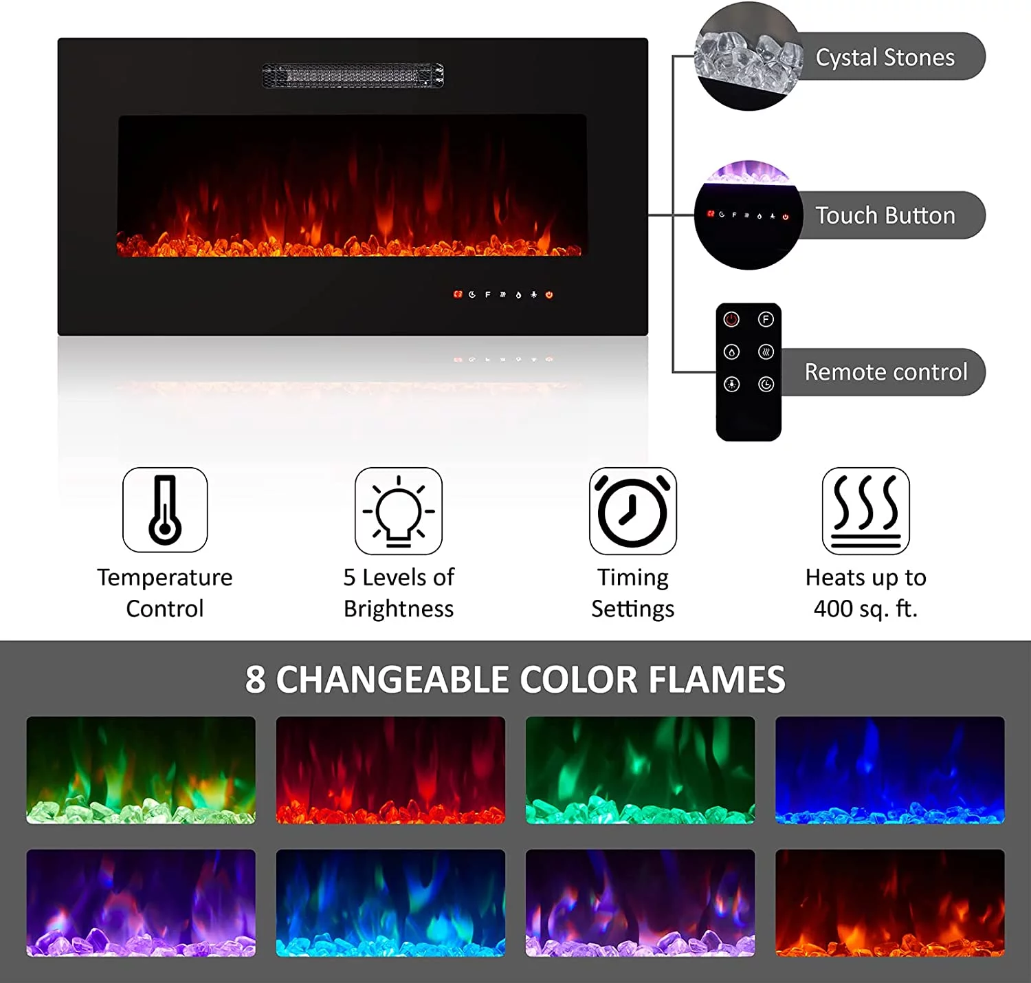 AMERLIFE Modern High Gloss 68" Fireplace TV Stand, Media Entertainment Center with Electric Fireplace & LED Lights for TVs up to 78", TV Console Storage Cabinet with Adjustable Glass Shelves, Black