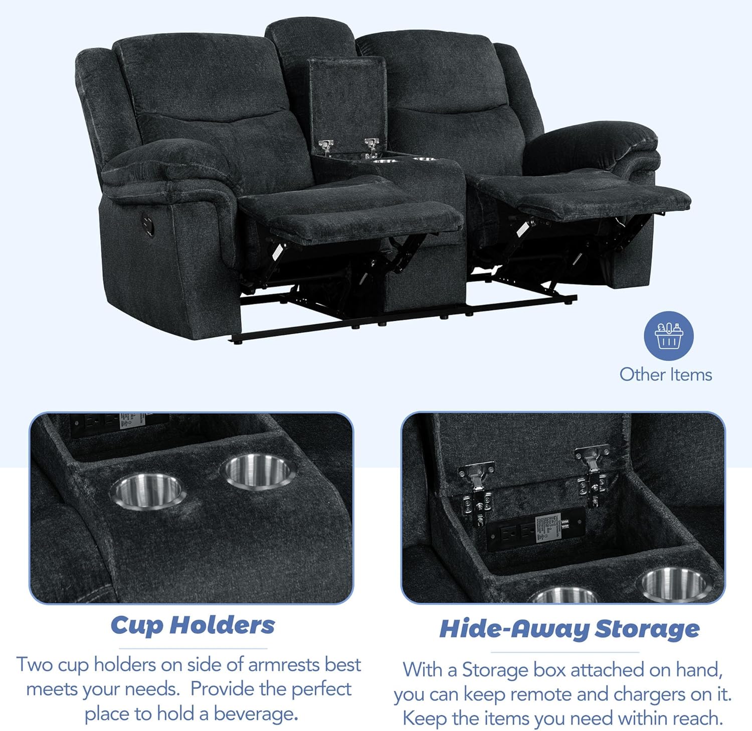 3-Piece Living Room Sets Velvet Recliner Sofa Set Reclining Chairs w/Flipped Middle Backrest,Cup Holders&Hidden Arm Storage for Elderly,Manual Home Theater Seating Lounge w/USB&Sockets for Living Room