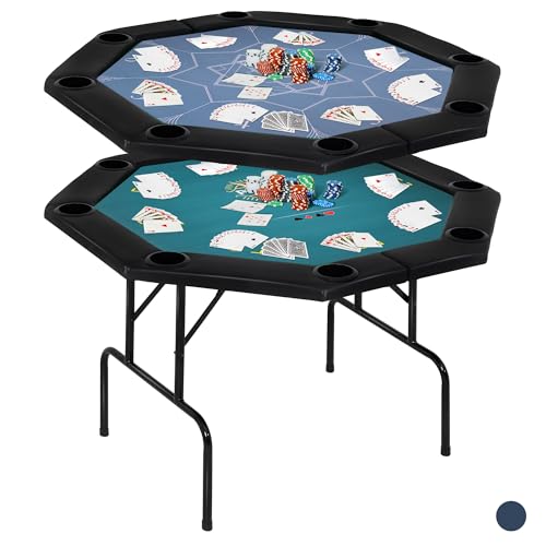 Poker Table Foldable with Double Top, 8 Player Octagonal Poker Table with Chips, Cup Holder, Casino Texas Holdem Table, Felt Blue