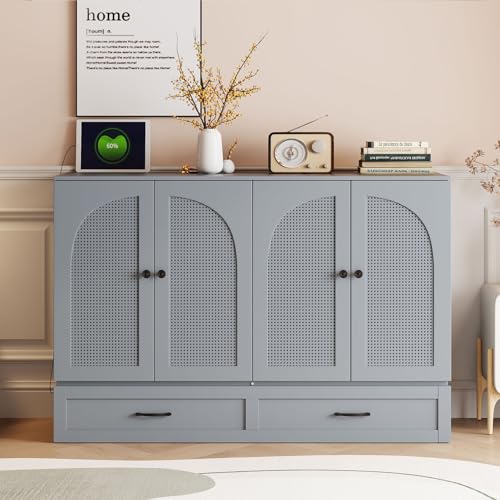 Full Size Murphy Bed Cabinet, Solid Wood Murphy Bed with Charging Station and Large Storage Drawer, Wall Mounted Foldable Platform Bed, Space Saving for Guest Room, Office, Gray