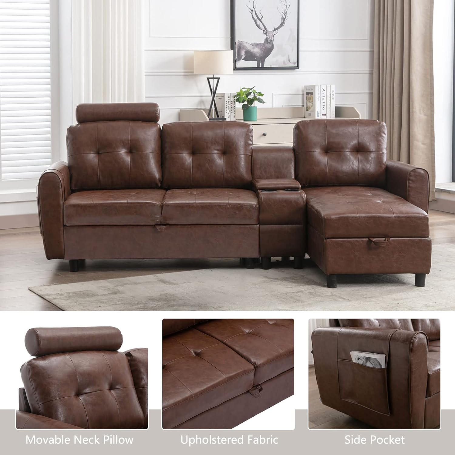 GNIXUU 89" Sectional Storage Sofa, L Shaped Couch with Cup Holders & Adjustable Headrest, 3 Seat Couches for Living Room, Small Spaces, Apartment, Brown PU Leather