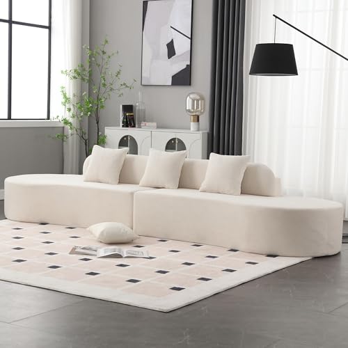130.5'' Modern Cloud Sectional Sofa, 4-Seat Curved Modular Couch, Comfy Terry Cloth with 3 Pillows, Minimalist Design for Living Room, Hotel, Apartment, Studio, No Assembly Required-Beige