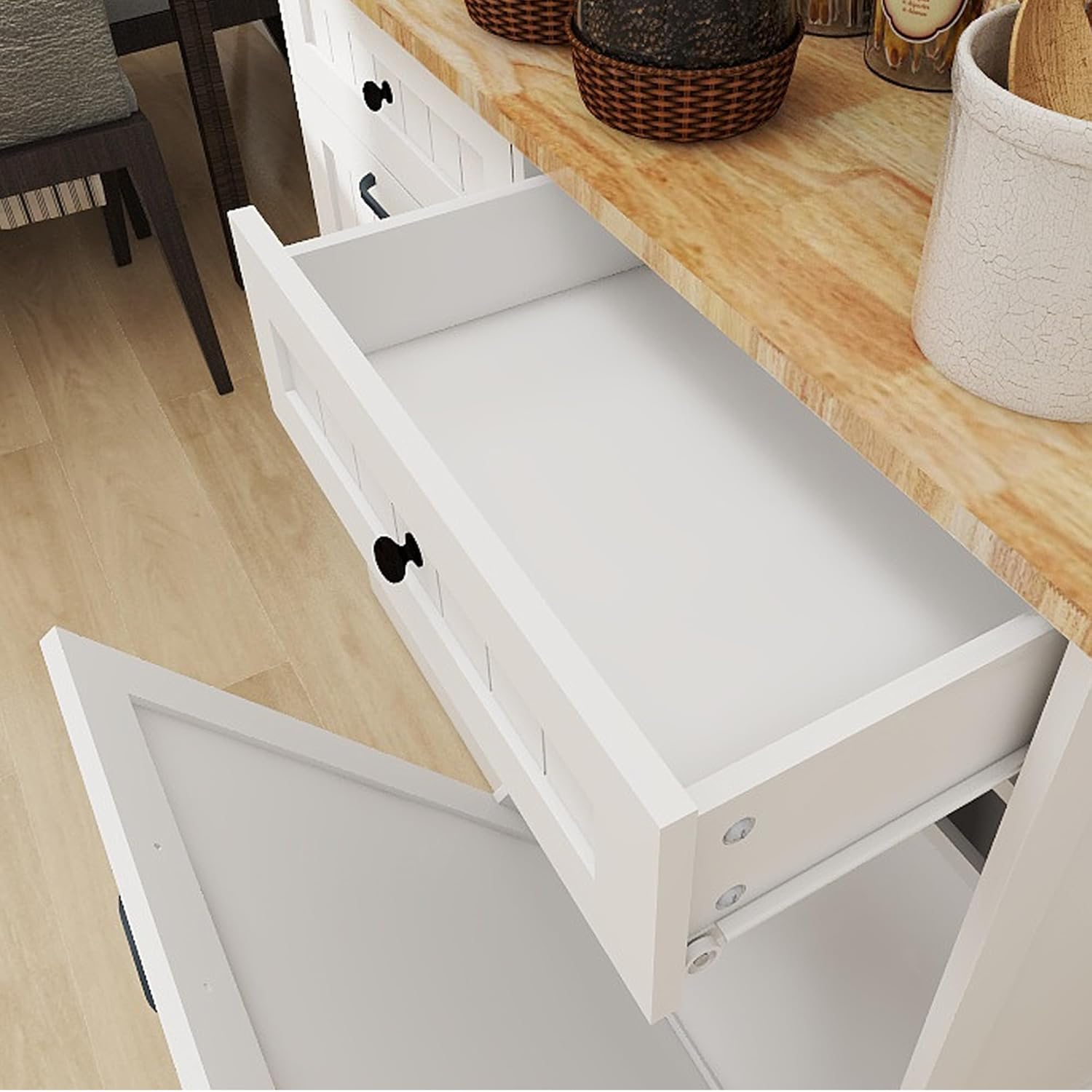 Ucloveria Double Tilt Out Trash Cabinet, Free Standing Garbage Can Cabinet 2 Drawer Tilt-Out Laundry Sorter Cabinet, Hidden Trash Can Holder Recycling Cabinet with Wood Tabletop for Kitchen