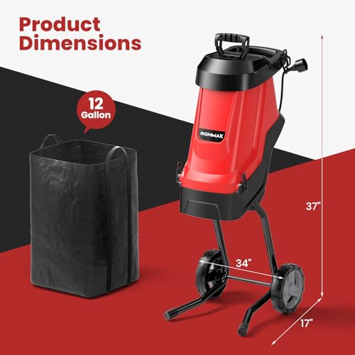 15 Amp Electric Wood Chipper Shredder, Corded Leaf Mulcher Shredder with Plunger, Collection Bag & 15:1 Reduction, Garden Shredder with Wheels for Branches, Leaves, Waste(Red)