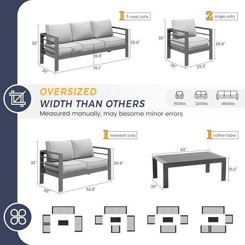 UDPATIO 8 Piece Aluminum Patio Furniture Set, Oversized Modern Outdoor Furniture Set with Olefin Fabric Cushion for Patio Deck Backyard, Dark Grey(with Waterproof Covers)