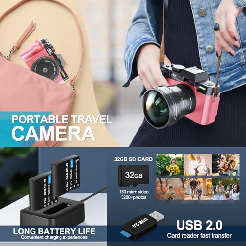 48MP Digital Cameras for Photography with WiFi & App Control,4K Autofocus Vlogging Camera for YouTube with 16X Zoom, Anti-Shake, 32GB TF Card, Dual Batteries, 52mm Wide Angle & Macro Lens (S100 Black)