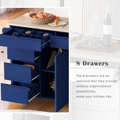 Farmhouse Kitchen Island with Power Outlet, Rolling Kitchen-Cart with Drop Leaf, Storage Cabinet Table on Wheels w/Spice Rack and Drawer for Dining Room, Bar