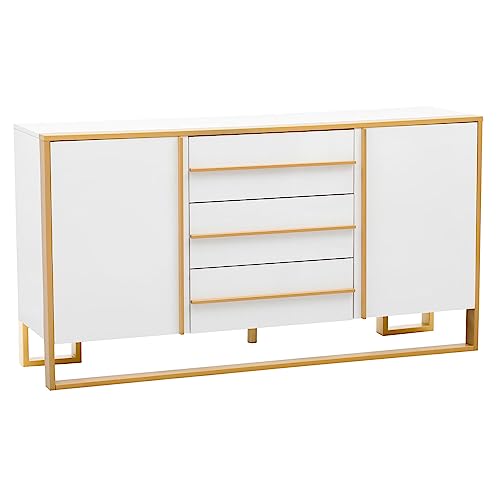 Modern Buffet Table Sideboard Cabinet Credenza, Living Room Cabinets Large Buffet Cabinet with Adjustable Shelves 3 Drawers 2 Doors for Kitchen Dining Room, White and Gold Buffet