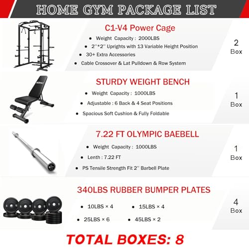 C1-V4 Power Cage, 2000LBS Squat Rack with LAT Pulldown, Multi-Function Weight Cage Strength Training Machine, Workout Cage with More Attachments for Home Gym Garage