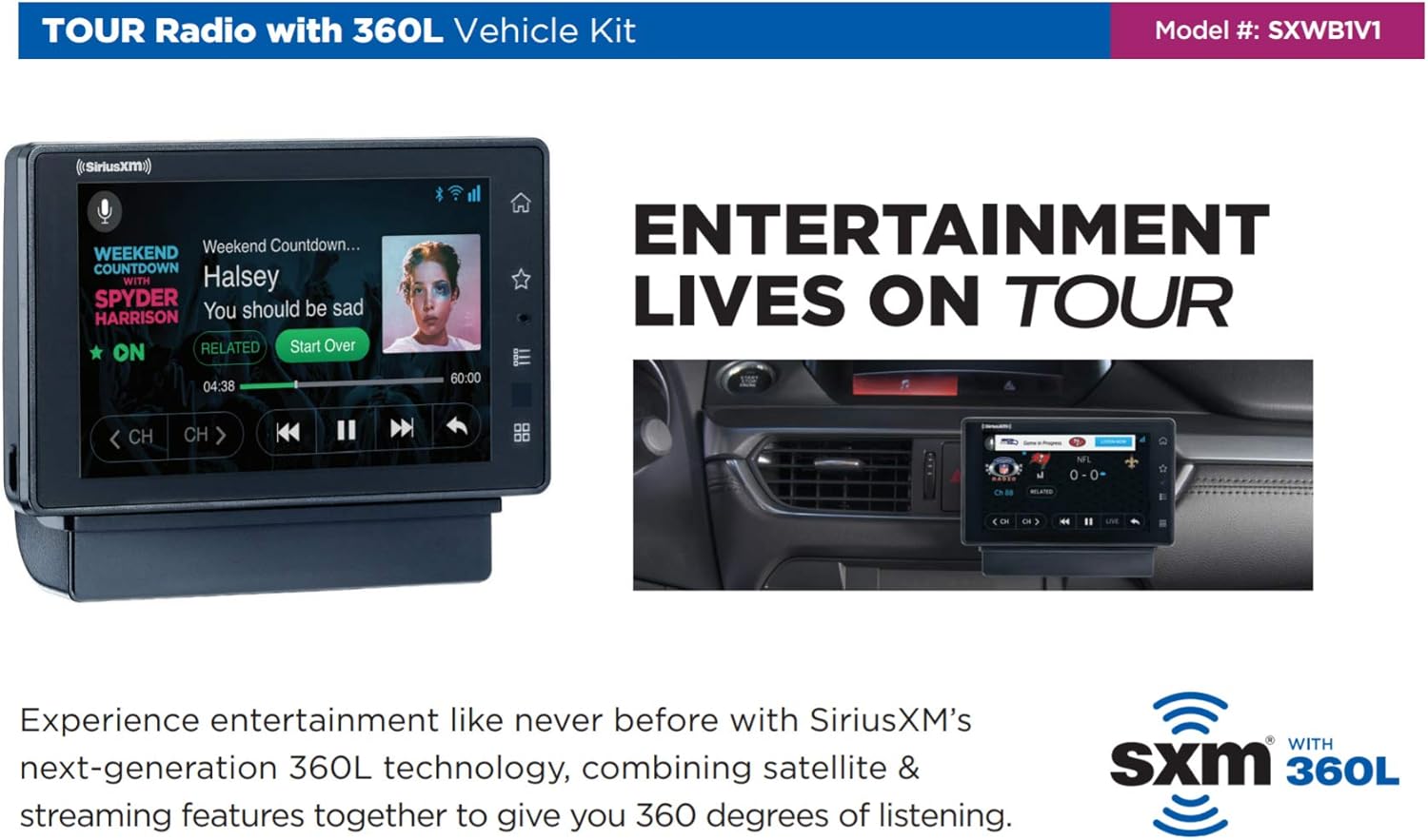 SIRIUSXM SXWB1V1 SiriusXM Tour Dock & Play Radio with 360L, PowerConnect Vehicle Dock, and Bluetooth