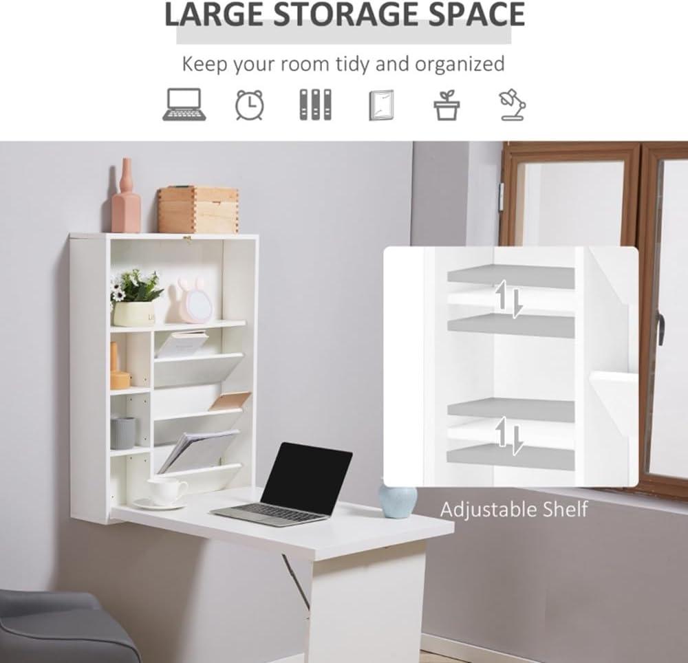 Wall Mounted Desk, Fold Out Convertible Floating Desk, Space Saving Computer Desk Hanging Table with Storage Area,White