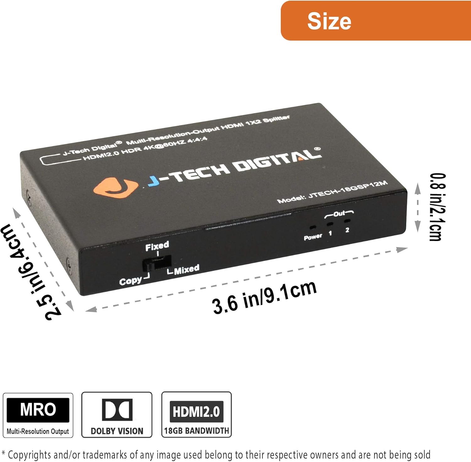 J-Tech Digital Scaler/Multi-Resolution Output (MRO) 18GBps 1x8 HDMI 2.0 Splitter HDR10/Dolby Vision 4K@60Hz 4:4:4 [JTECH-18GSP18M]