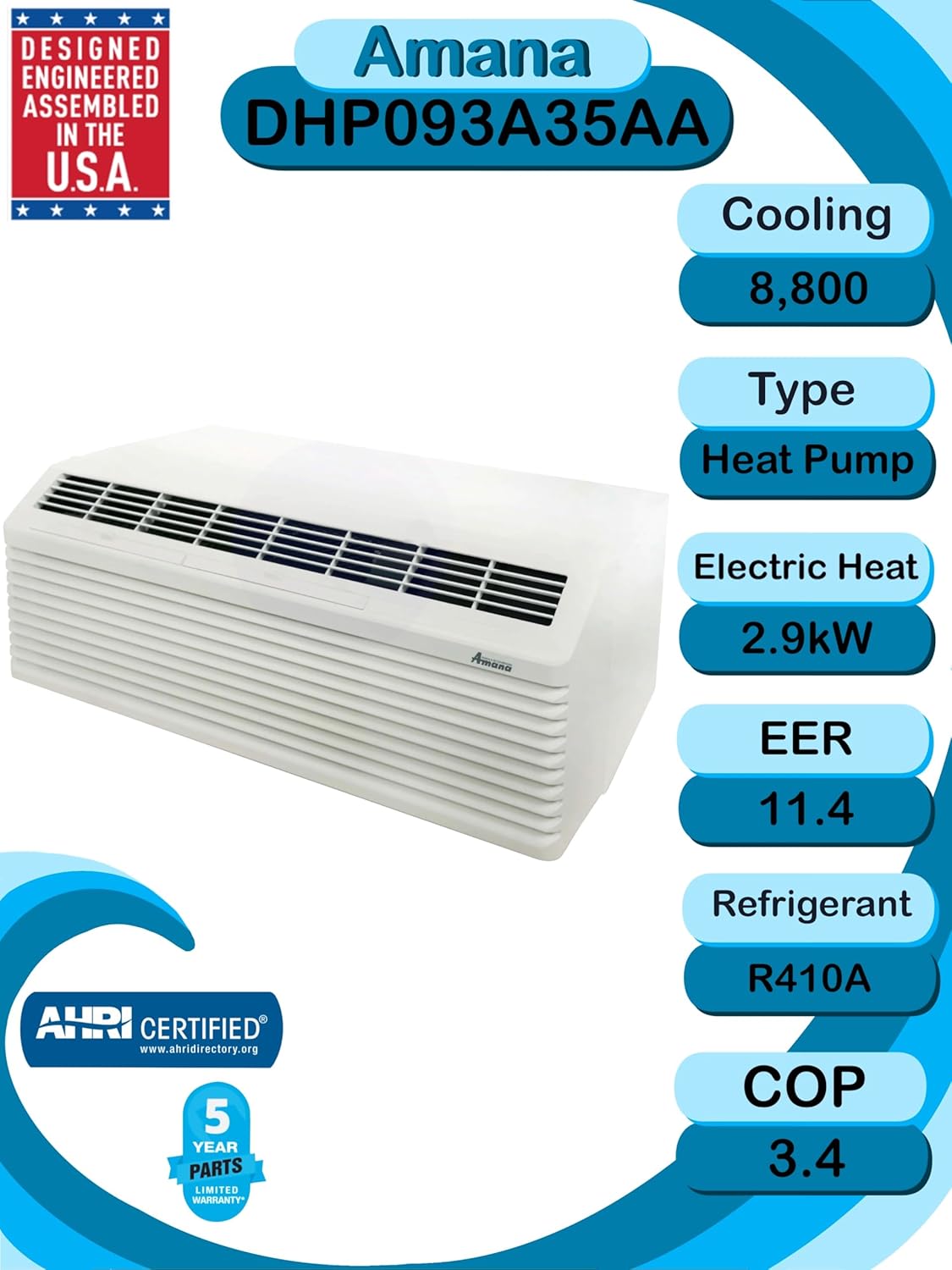 Amana Distinctions 9,000 Cooling BTU, 8,100 Heating BTU, 11.4 EER, Packaged Terminal Heat Pump with 3.5 kW HK DHP093A35AA - Replaces PTH093G35AXXX - w/Outdoor Grille