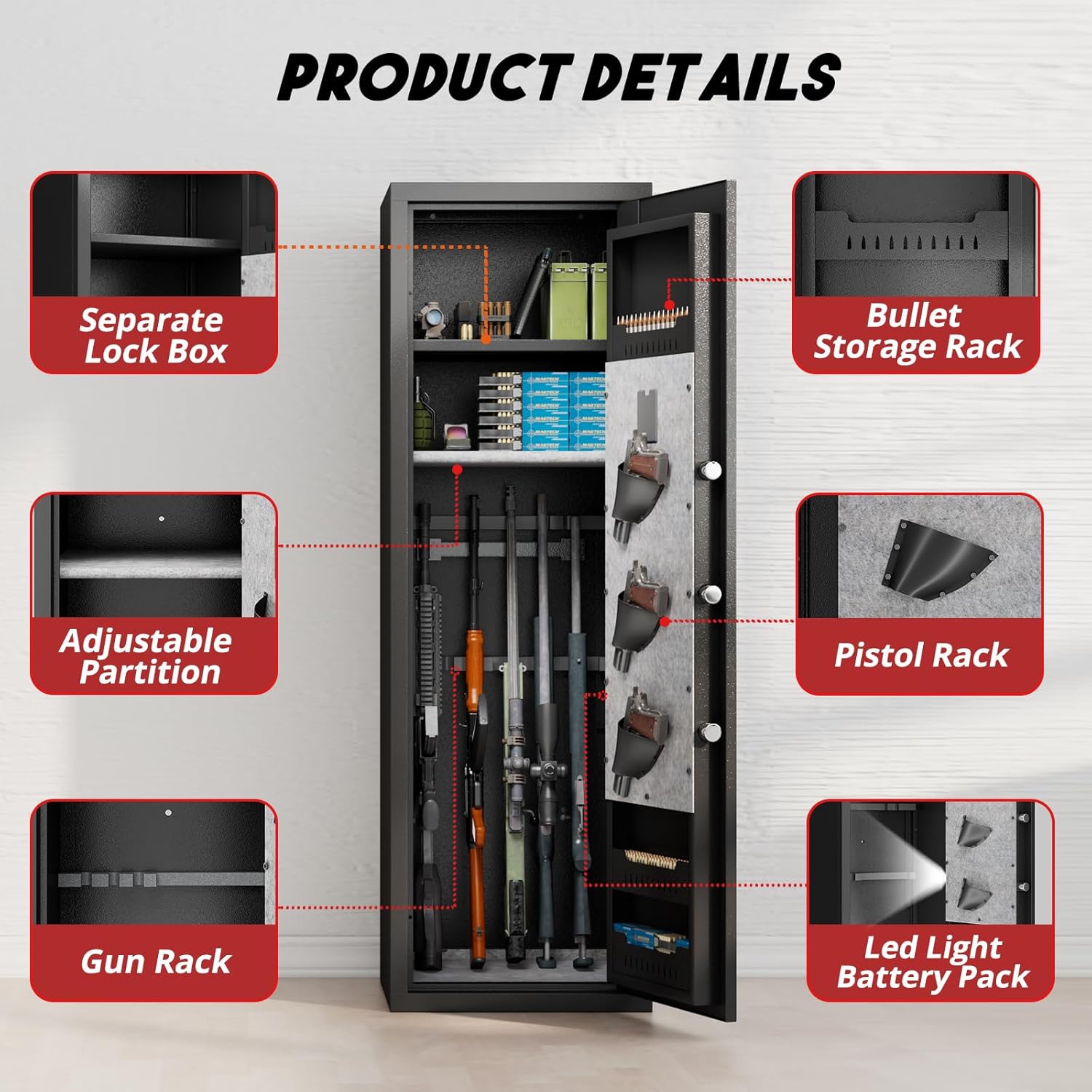 57" Tall Gun Safe,Gun Safes for Home Rifle and Pistols,5 Gun Safe Quick Access Shotguns Rifle Gun Cabinet,with 3 Pistol Bags,Adjustable Gun Rack and Removable Shelf,Assembled(Black)