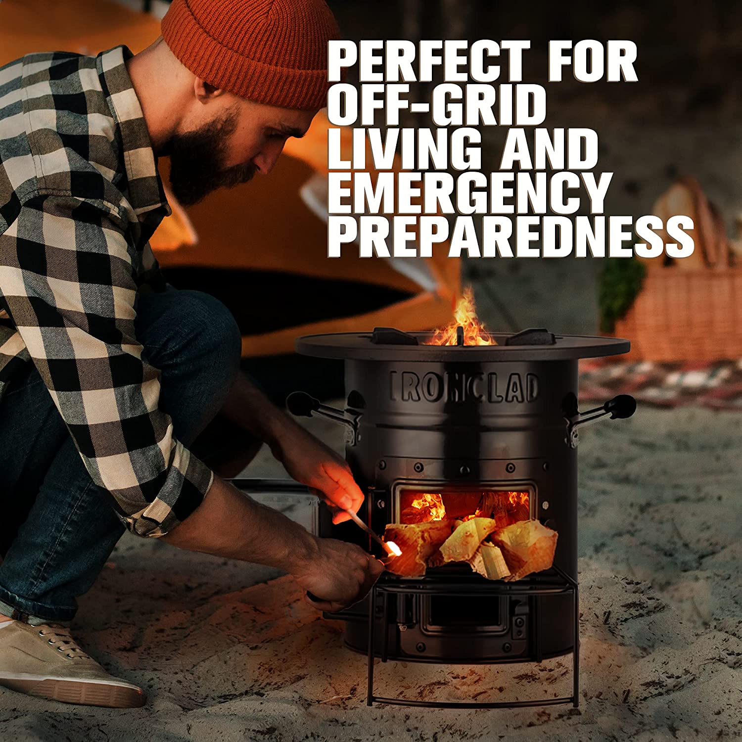 Rocket Stove – Camping Wood Stove for Emergency Preparedness, Survival, Off Grid Living Supplies – Portable Wood Burning Stove with Canvas Storage Bag and Fuel Support System