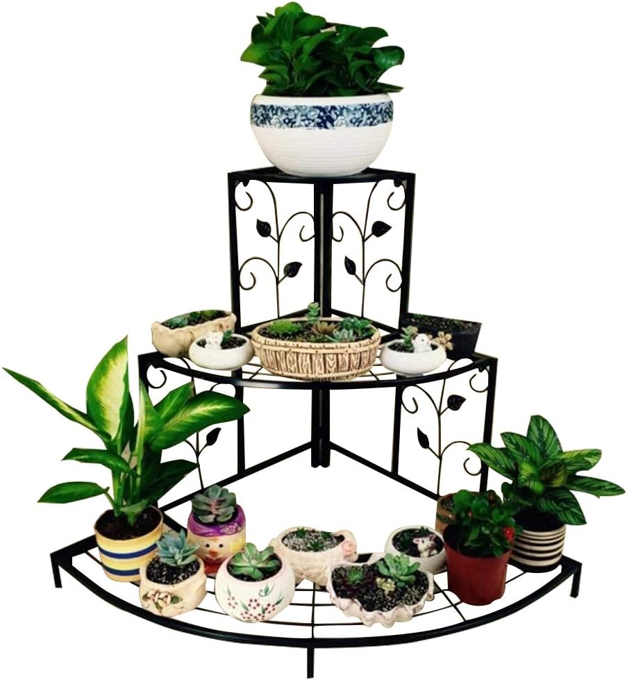 Potted Rack Flower Pot Holder Storage Shelves 3 Tier Corner Plant Display Stand Shelving Firmly Support Wrought Iron Ladder Shelf for Indoor Outdoor Garden