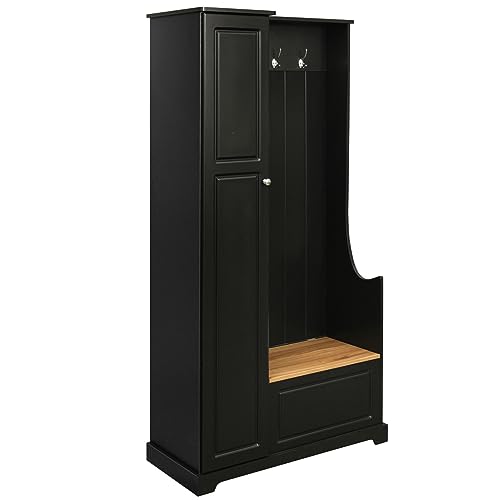 Stylish Design Hall Tree with Flip-Up Bench,Minimalist Hallway Shoe Cabinet with Adjustable Shelves,Coat Rack with Hanging Hooks for Entryways Mudroom,Black