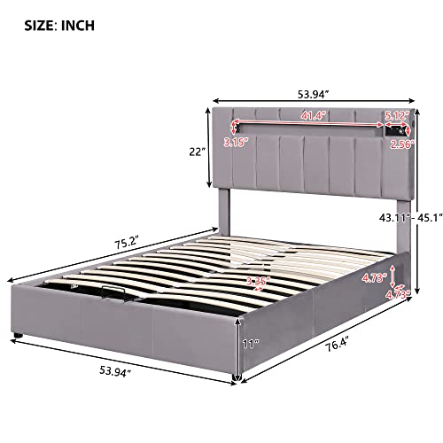 Lift Up Storage Bed Queen, Upholstered Queen Bed Frame with LED Light, Bluetooth Player and USB Charging,Velvet Fabric Platform Bed Frame for Teens Adults, No Box Spring Needed(Grey)