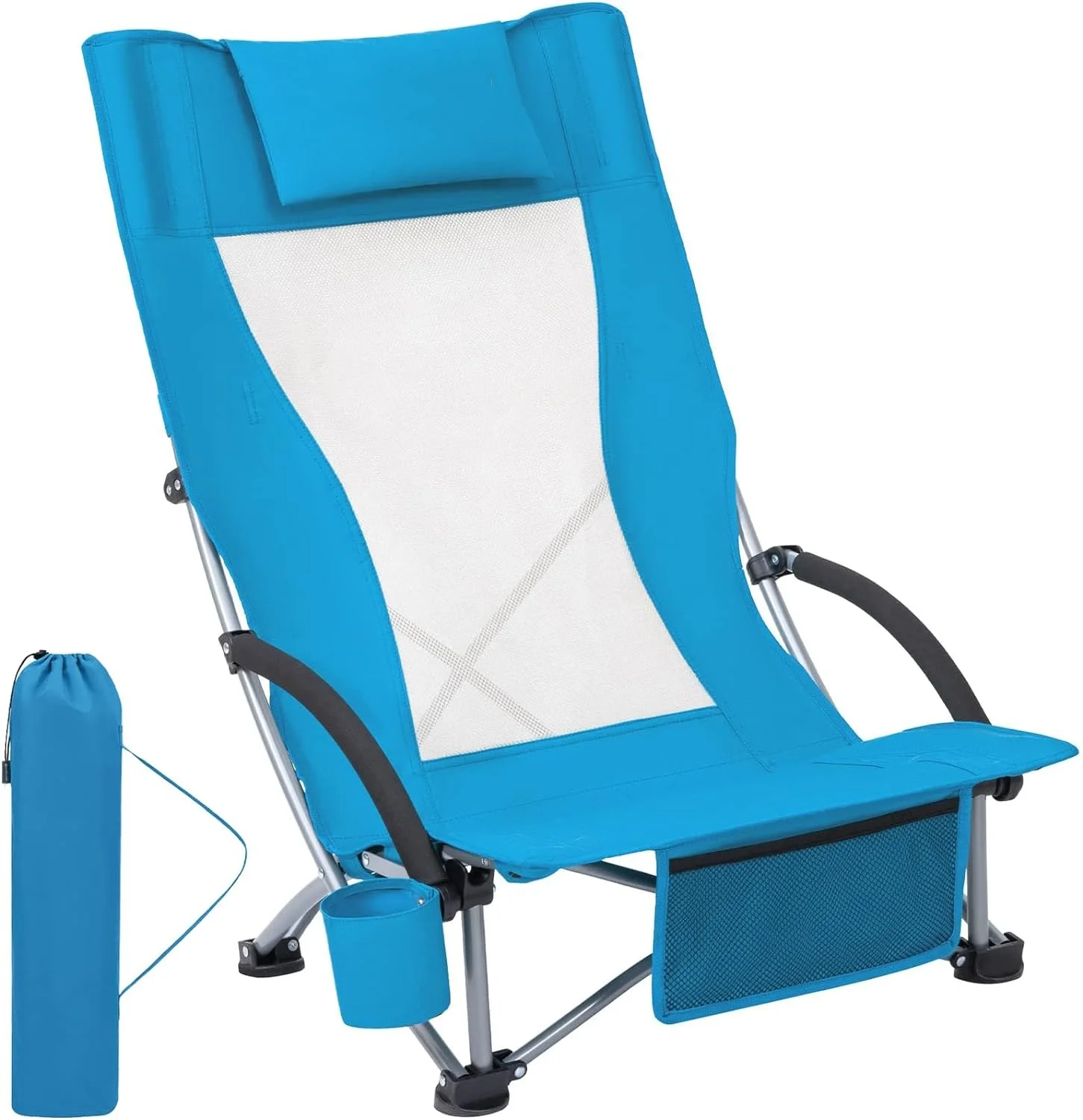 Folding Beach Chair High Back Lightweight Portable Backpack Chair with Headrest, Cup Holder for Camping Outdoor Sand Concert Lawn Festival Sports, Blue - Curated Treasures Market