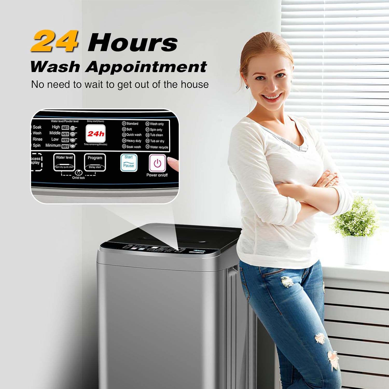 19lbs Full-Automatic Portable Washing Machine, Compact Washing Machine with Spin & Drain Pump & 10 Wash Program, 8 Water-Levels Low Noise Portable Washer for Apartment, Dorm, Home, RV(Grey)