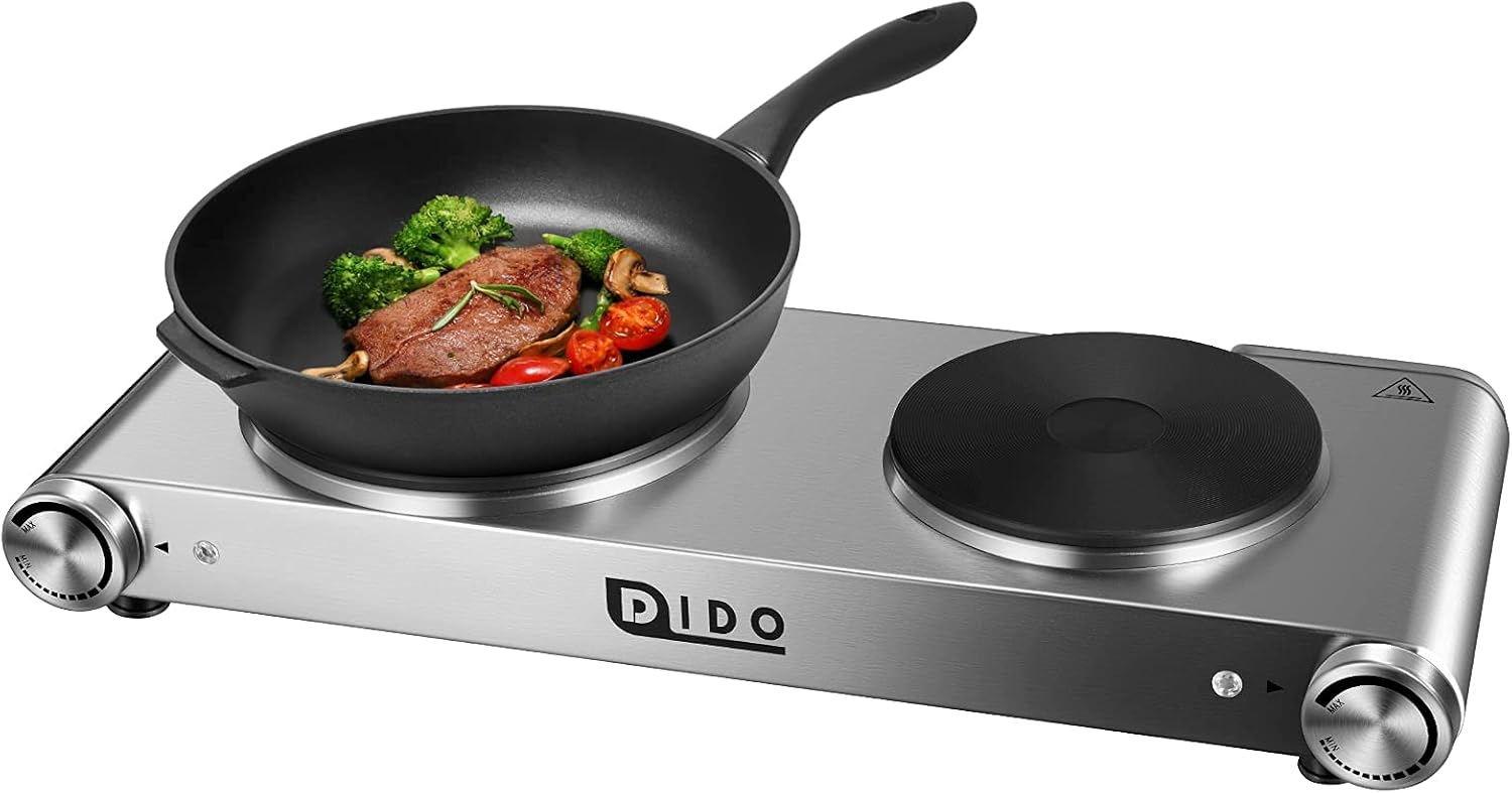 DIDO 1800W Hot Plate, Portable Electric Stove Countertop Cast-Iron Double Burner with Adjustable Temperature& Anti-Slip Feet, Stainless Steel Cooktop for Home/Camp/RV, Compatible for All Cookwares