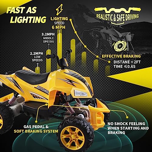 Blitzshark 24V Ride on ATV Kids Quad 4-Wheeler Electric 4WD, with 4X75W Powerful Motors, 9AH Large Battery, 6 MPH Max Speed, Easy-Drag, Soft Brake, Full-Metal Suspension, Wireless Music Player, Black