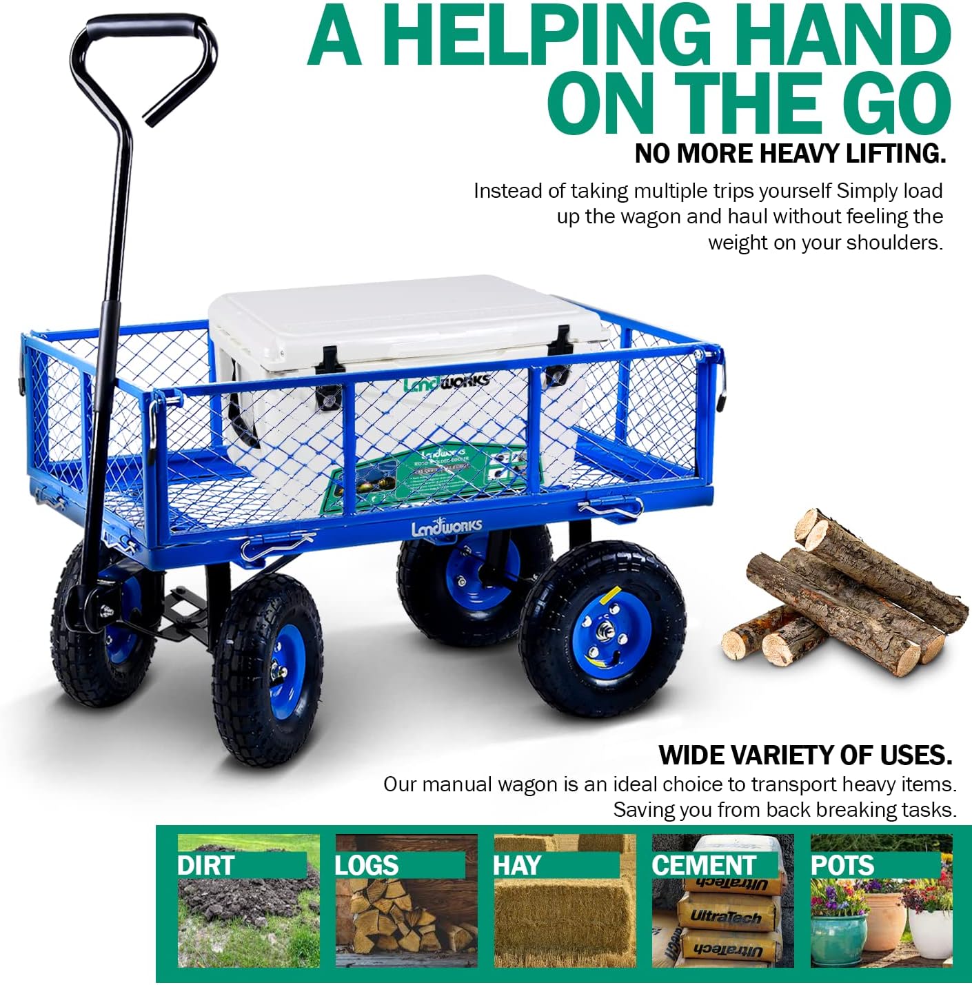 Landworks Lawn & Garden Utility Cart/Beach Wagon, All Terrain, w/Heavy Duty Removable Side Meshes, 400 lbs Cap, Blue