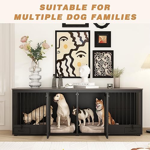 Furniture Style Large Dog Crate for 2 Dogs, 86.6" Heavy Duty Wooden Dog Kennel with Dog Bowl Drawers & Divider, Indoor Furniture Style Dog Kennel for Large Medium Dogs, Black