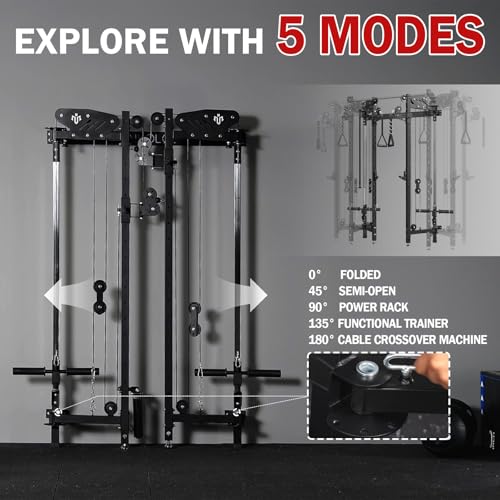 Mikolo Folding Squat Rack, Wall Mounted Power Rack with Cable Crossover Machine & LAT Pull Down, Functional Trainer with 5 Adjustable Function Modes, for Home Gym and Space Saving