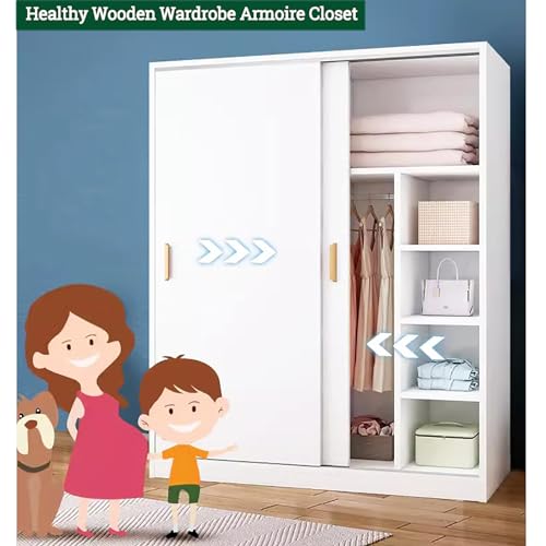 Armoire Wardrobe Closet Cabinet with Sliding Door,Freestanding Bedroom Closet Wardrobe with Shelves & Hanging Rods,Tall Wood Clothes Organizer Storage Cabinet(55" W, Natural)