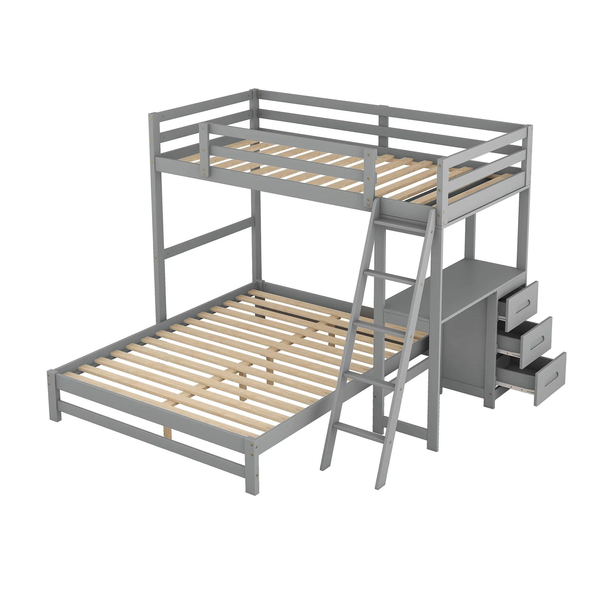 EUROCO Twin over Full Bunk Bed with Desk and Drawers for Kids Room, Gray
