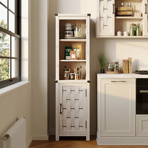 LINSY HOME Bathroom Storage Cabinet, Farmhouse Narrow Storage Cabinet with Door & Adjustable Shelves, Tall Linen Tower for Bathroom, Living Room, Light Brown