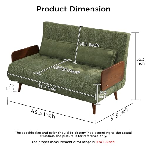 3-in-1 Convertible Chair Bed Sleeper for Adults, Linen Convertable Sleeper Chair with Wooden Arms & Pillows, Foldable Single Futon Sofa Bed (Mid Century with Walnut Arm, 36.6" Wide)