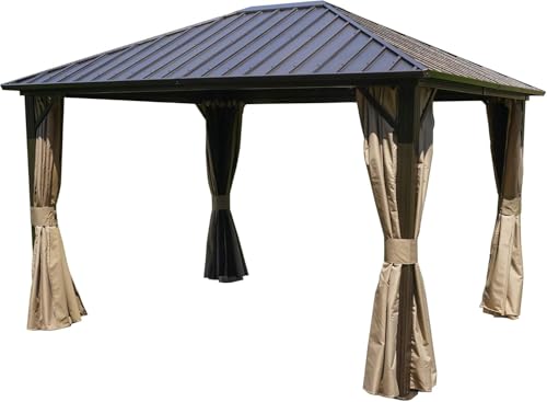 Kozyard Caesar 10'x10' Hardtop Gazebo - Permanent Metal Pavilion with Netting and Shaded Curtains for Patio, Backyard, and Deck - Galvanized Steel Outdoor Aluminum Canopy, Double Roof Gazebo (Grey)