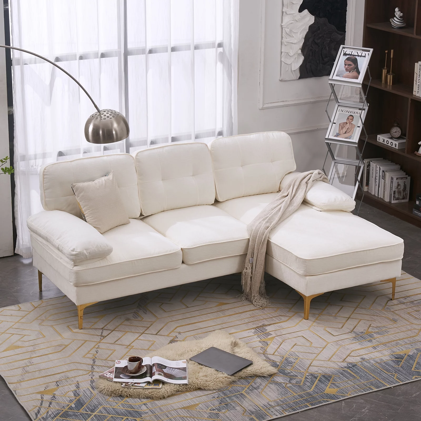 Tenozek Simple And Stylish Sectional Sofa Couch for Living Room, 83 inch L-Shape Sofa Couch 3-seat Sofas Gold-Plated Legs for Small Space, Beige