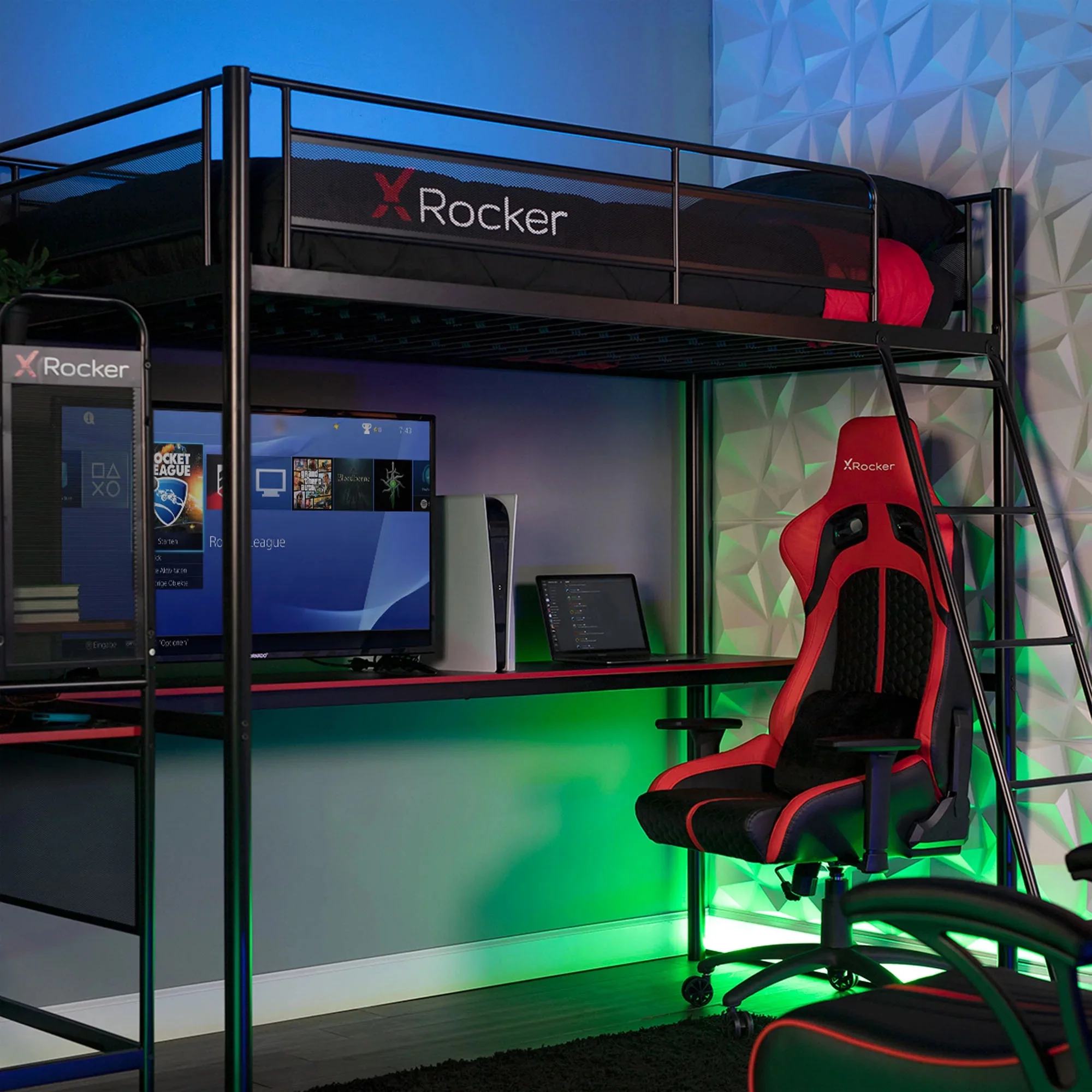 X Rocker HQ Gaming Bunk Bed with Built-In Shelving, Black, Twin
