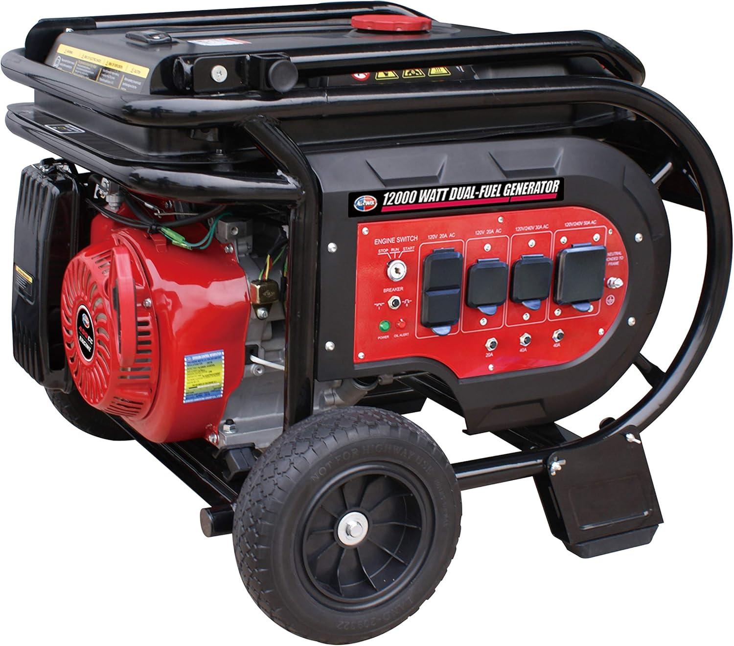 All Power America G12000EGL 12000 Watt Heavy Duty Dual Fuel Portable Generator with Electric Start 12000W Gas/Propane(LPG) with 50A 120/240V AC Outlet, Black/Red