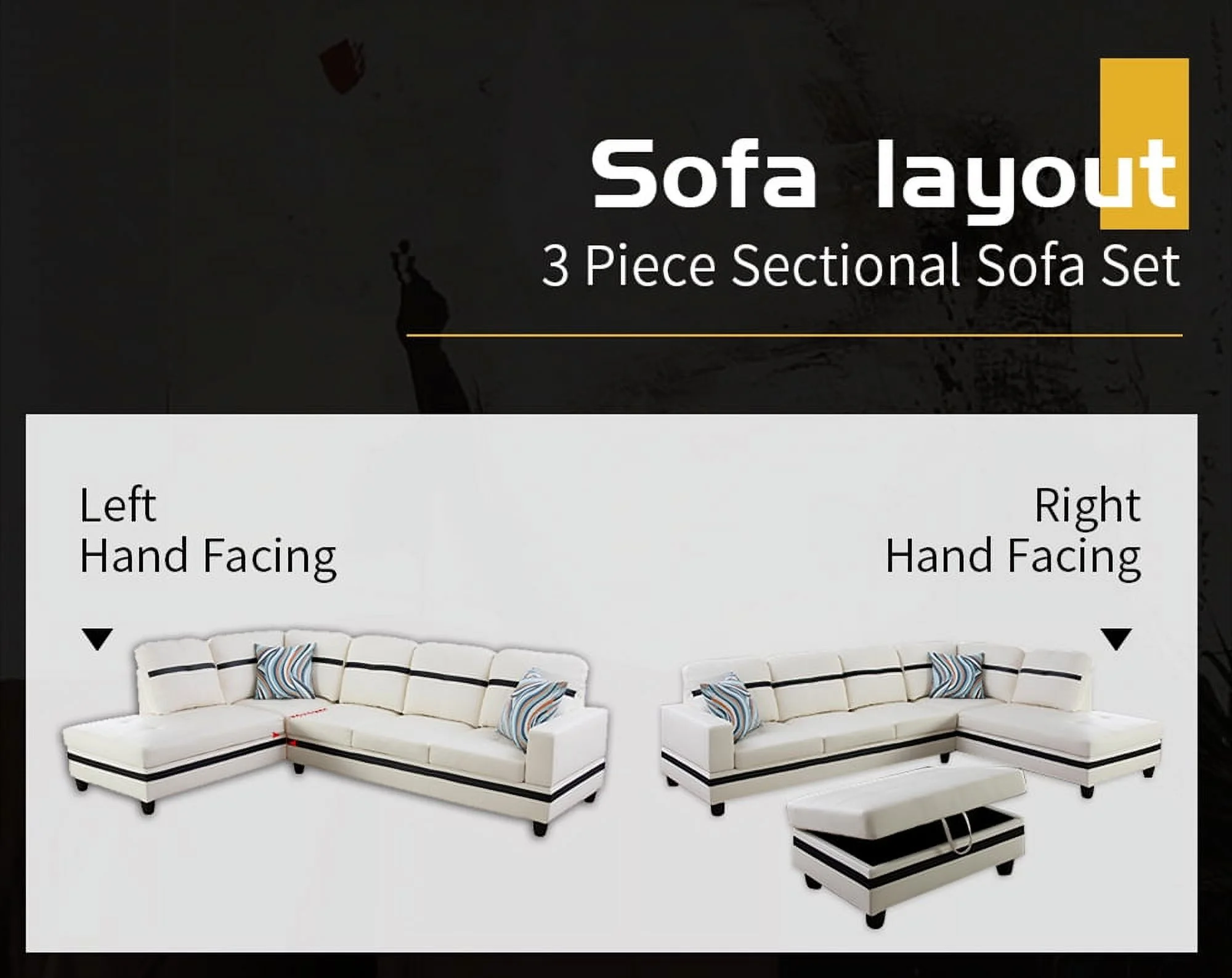PonLiving Furniture Callie 103.5'' Sectional Sofa with Storage Ottoman, Left & Right Hand Facing, Leather Upholstered