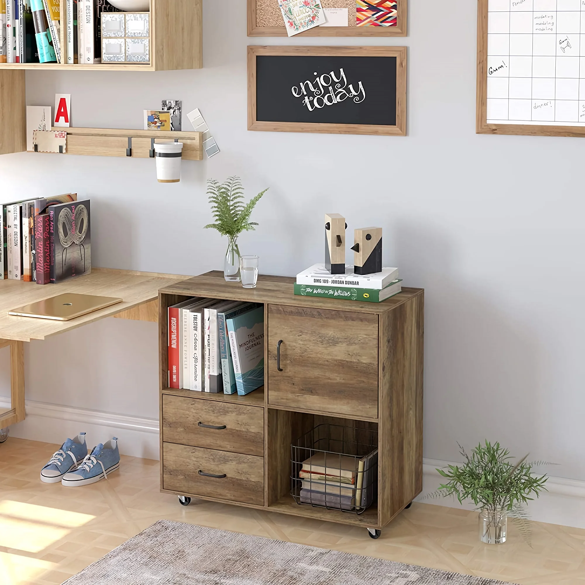 Wooden File Cabinet, Lateral Filing Cabinet Printer Stand with Wheels, 2 Drawers, Storage Shelves, Door Cabinet for Home, Office