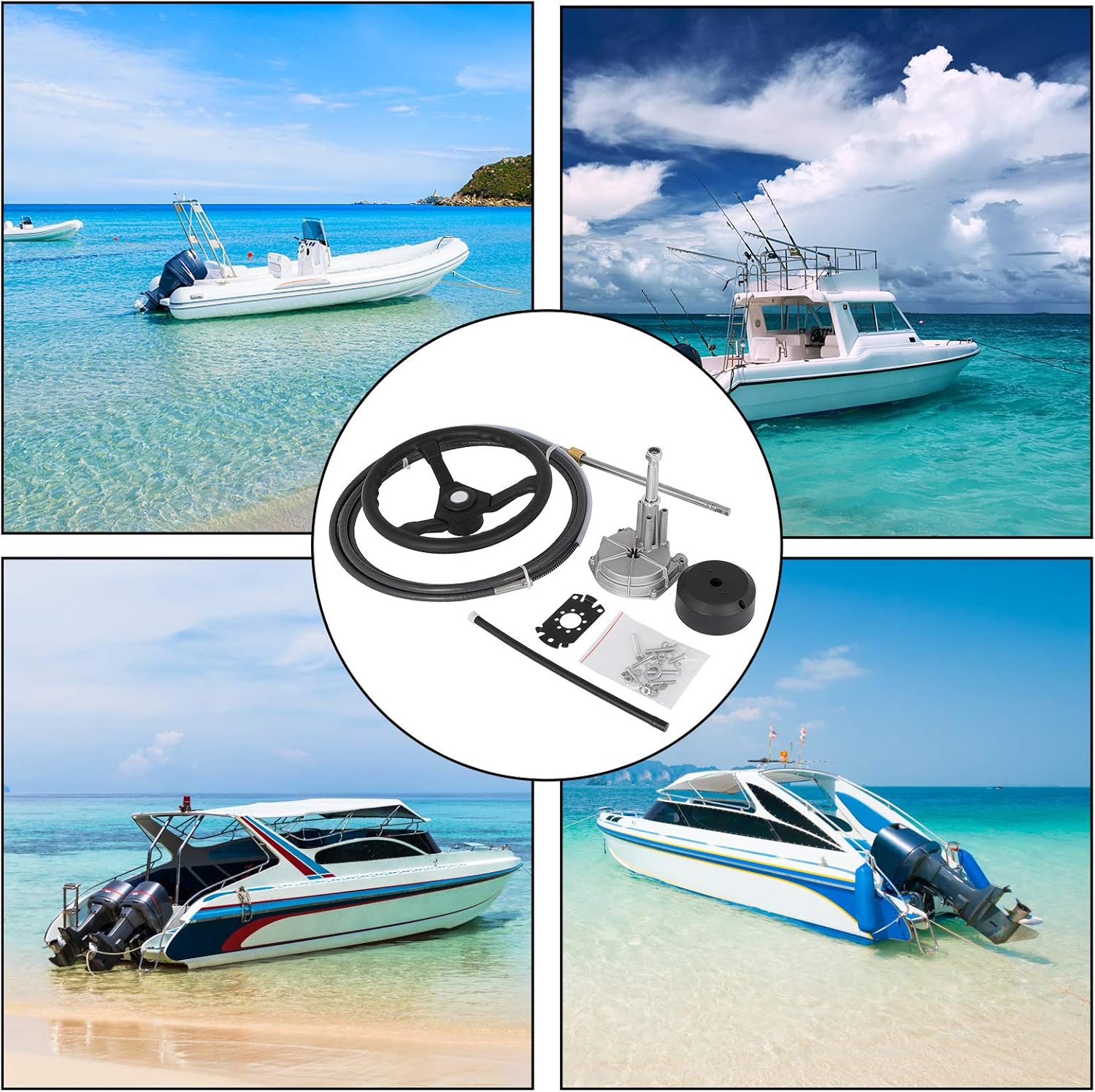 Bestauto Boat Steering Cable 12' Outboard Steering Cable 12 Feet Mechanical Rotary Steering Kit with 13 Inch Wheel for Boat Steering System