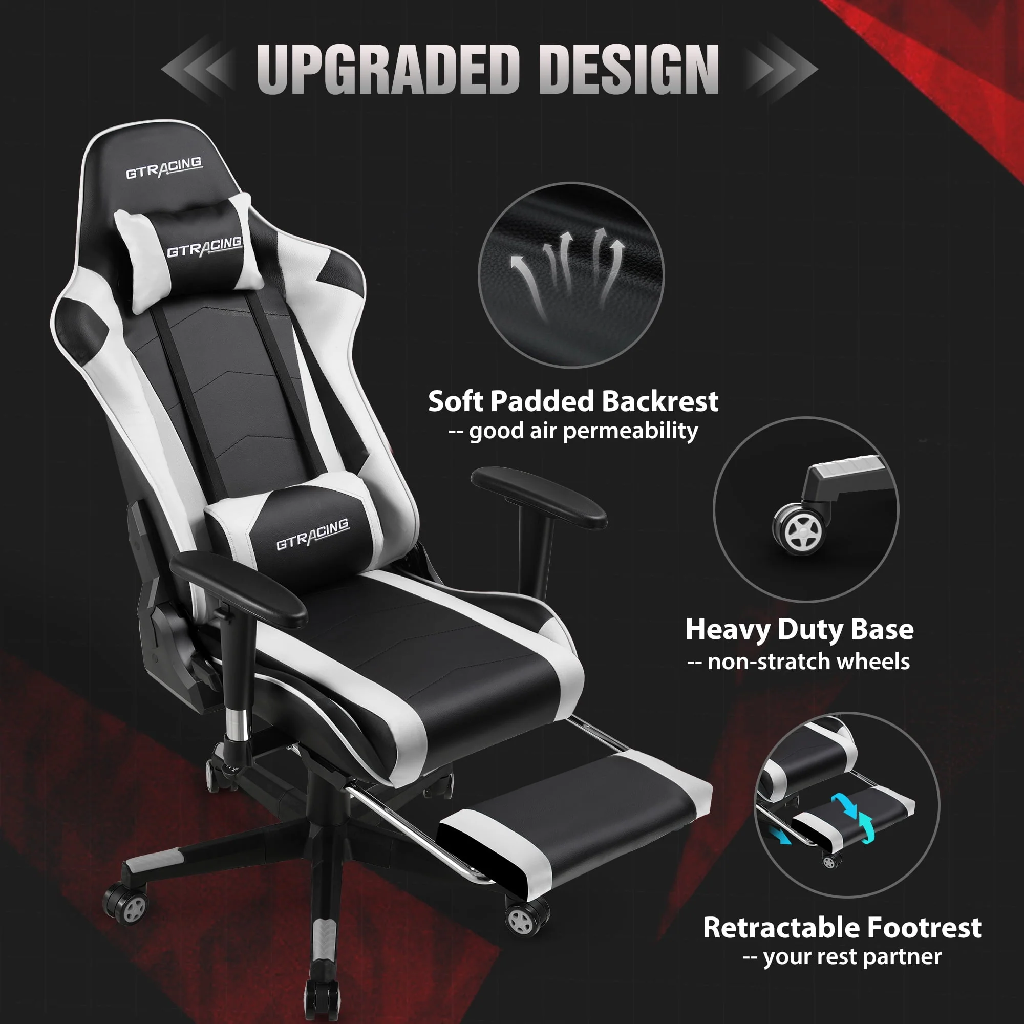 GTRACING Gaming Chair Office Chair PU Leather with Footrest & Adjustable Headrest, Red