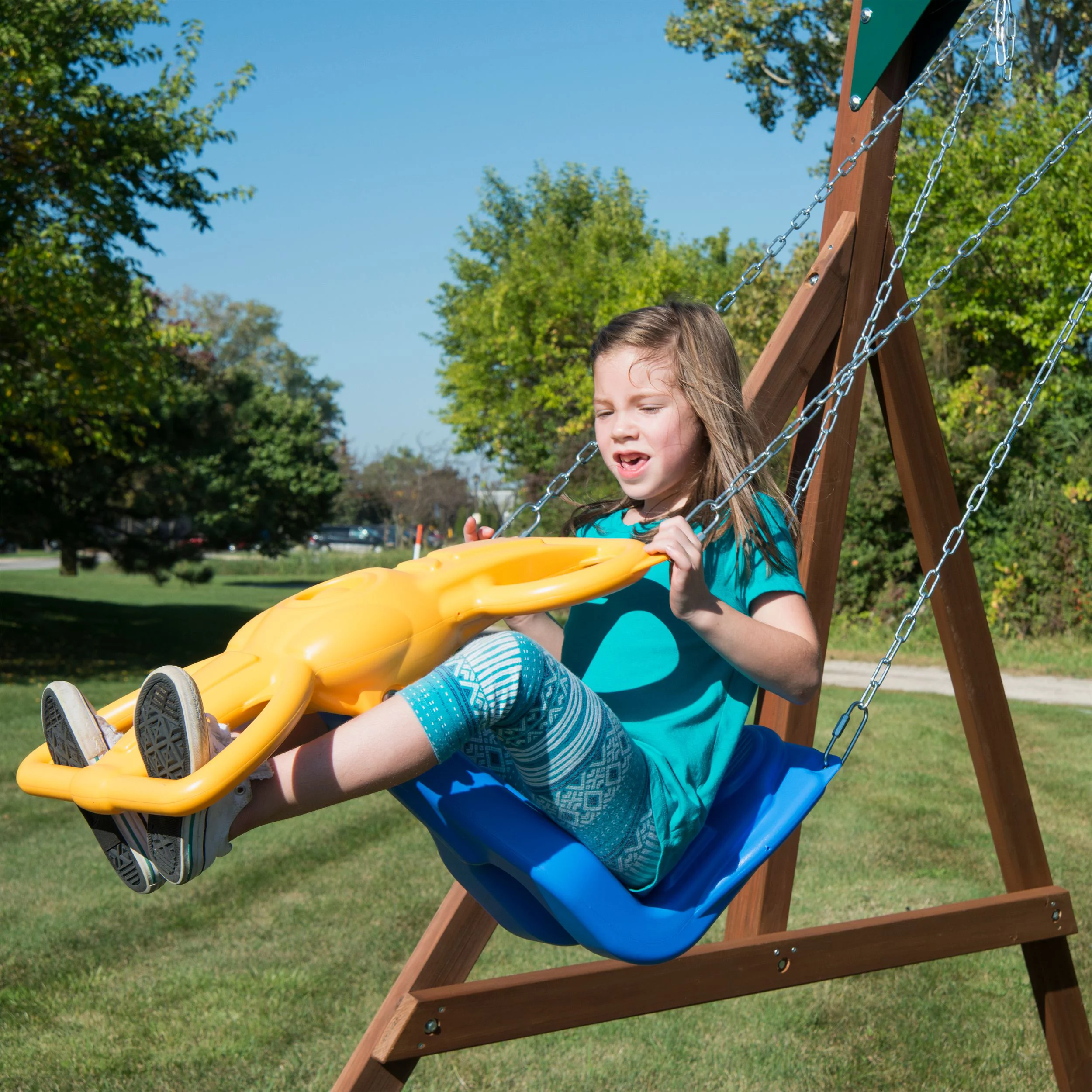 Swing-N-Slide Knightsbridge Wooden Backyard Swing Set with Alpine Wave Slide, Glider Swing, and Rock Climbing Wall