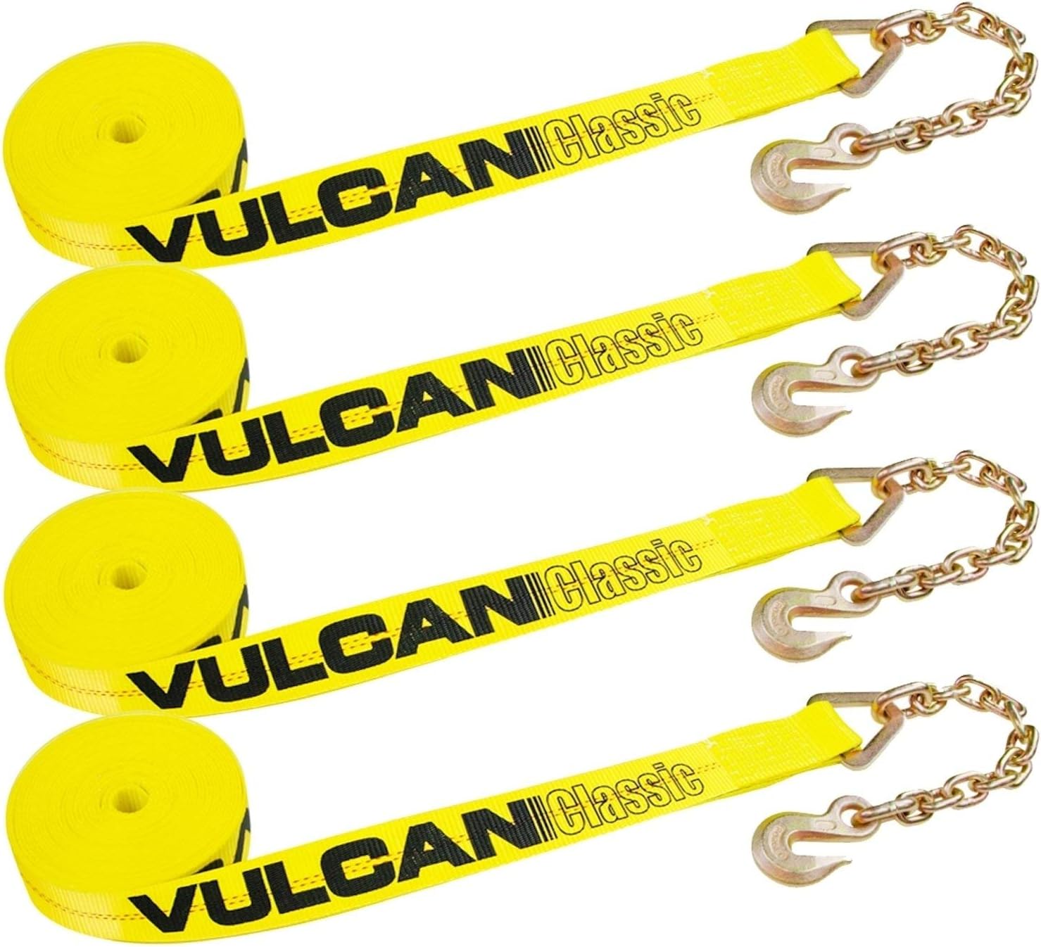 VULCAN Winch Strap with Chain Anchor - 2 Inch x 27 Foot - 4 Pack - Classic Yellow - 3,600 Pound Safe Working Load