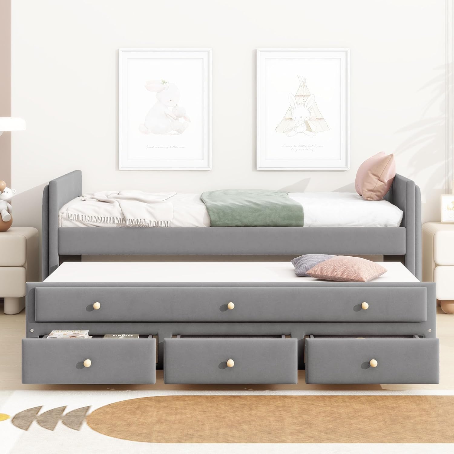 Twin Size Modern Velvet Upholstered Daybed with Twin Size Trundle and 3 Storage Drawers, Wooden Daybed Sofa Bed Frame with Slat Support for Kids Teens Adults, No Box Spring Needed (Gray)