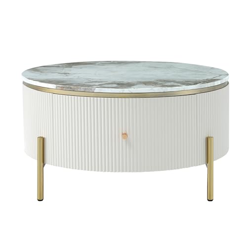 Modern Round Lift-top Nesting Coffee Tables with 2 Drawers for Living Room White & Natural