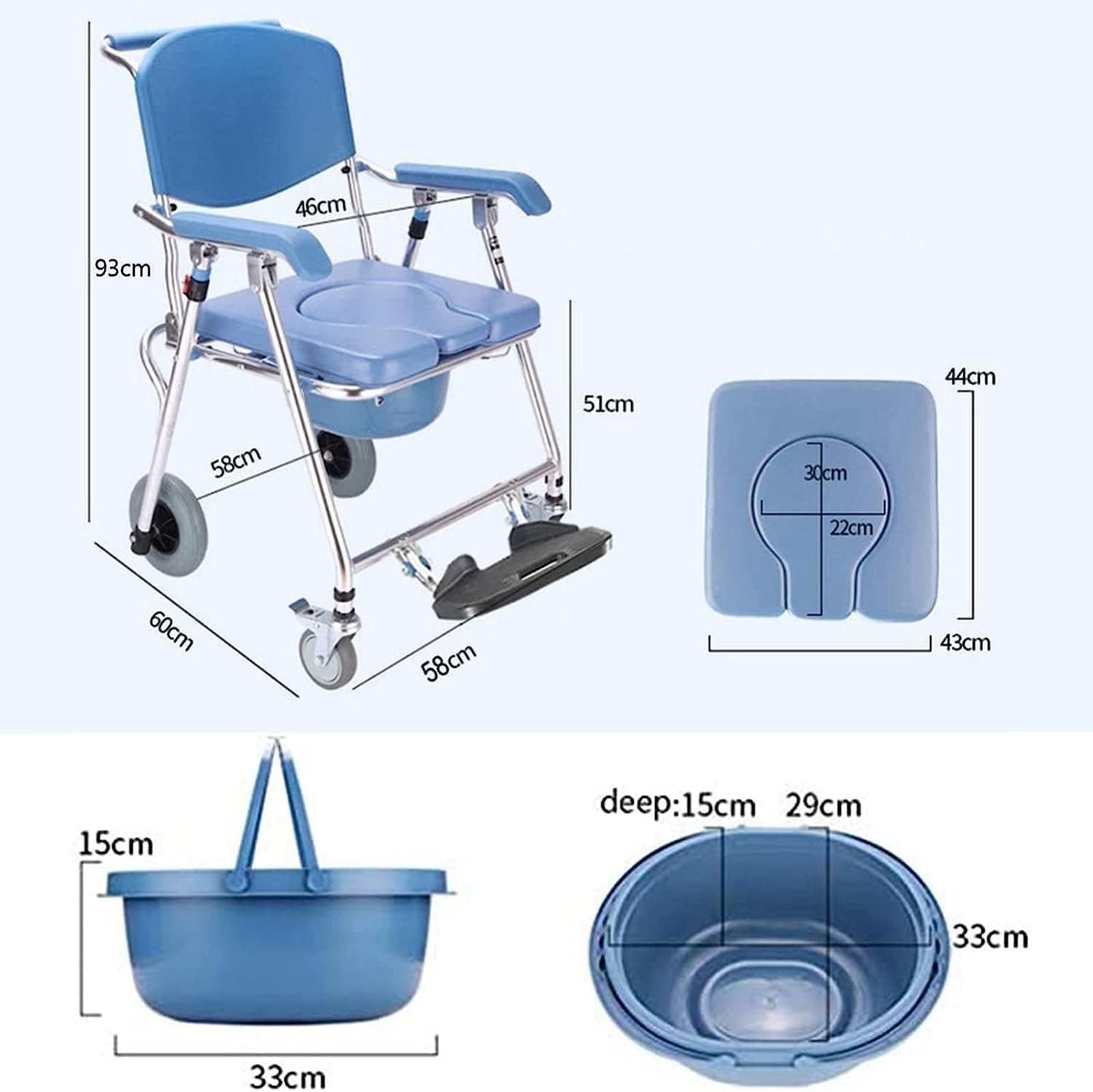 MaGiLL Toilet Wheelchair - Aluminium Shower Commode Chair with Detachable Bucket - for Elderly Seniors Disabled Pregnancy Comfort - Bedside Commode with Wheels - Wheelchair with Toilet Seat A (A)